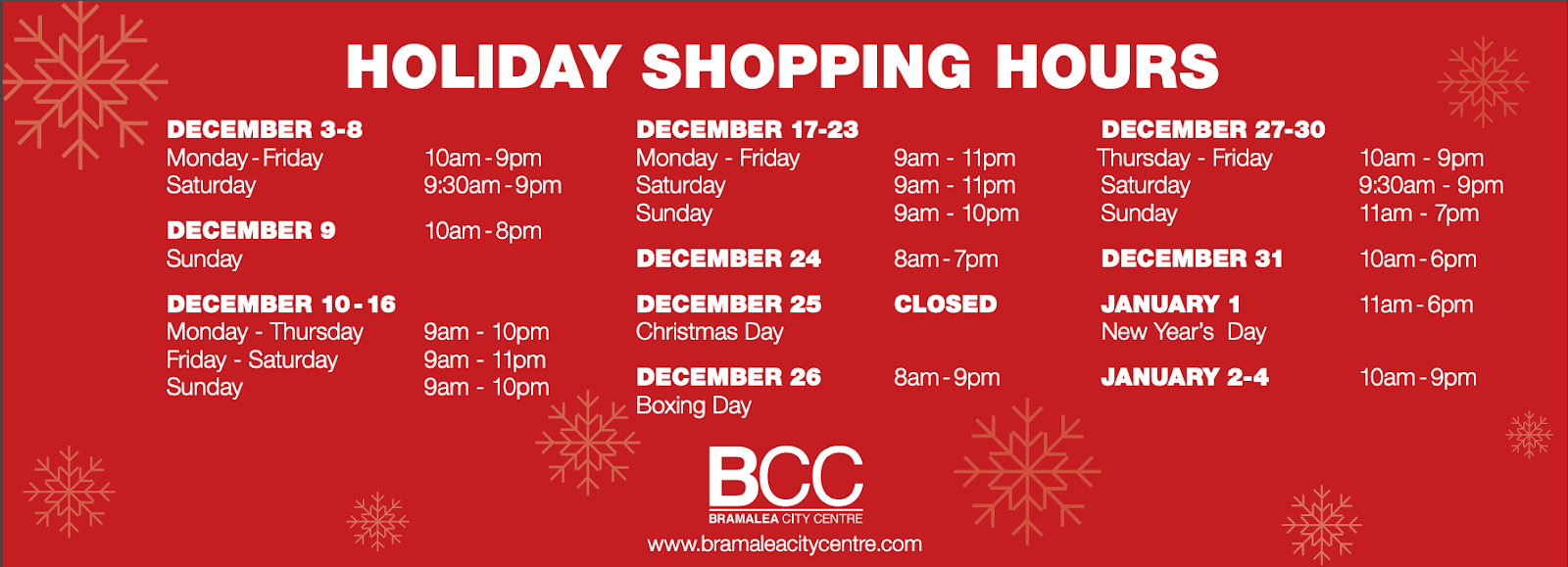 BCC’s Holiday Hours